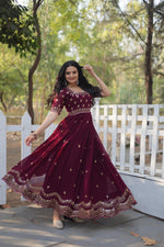 Thumbnail for Teeya Creation Wine Color Faux Georgette Embroidery Work Fully Stitched Kurti - Distacart