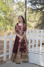 Thumbnail for Teeya Creation Maroon Color Vichitra Simmar Silk Heavy Embroidery Work Fully Stitched Anarkali Gown - Distacart