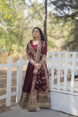 Teeya Creation Maroon Color Vichitra Simmar Silk Heavy Embroidery Work Fully Stitched Anarkali Gown - Distacart