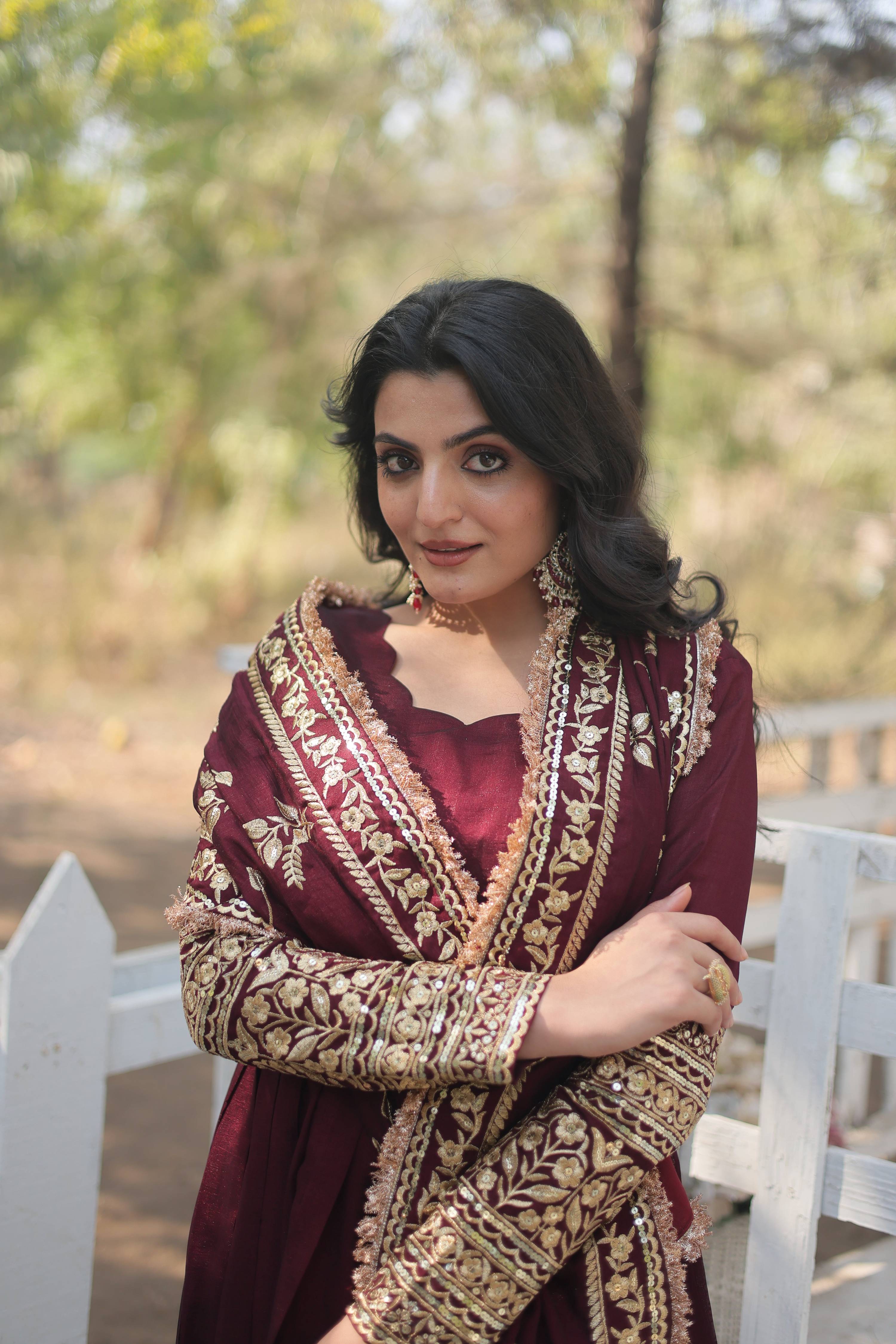 Teeya Creation Maroon Color Vichitra Simmar Silk Heavy Embroidery Work Fully Stitched Anarkali Gown - Distacart