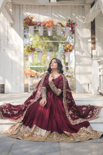 Thumbnail for Teeya Creation Maroon Color Vichitra Simmar Silk Heavy Embroidery Work Fully Stitched Anarkali Gown - Distacart