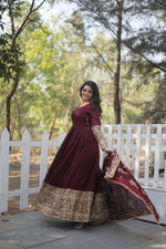 Thumbnail for Teeya Creation Maroon Color Vichitra Simmar Silk Heavy Embroidery Work Fully Stitched Anarkali Gown - Distacart