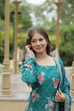 Thumbnail for Teeya Creation Rama Color Chinon Silk Digital Print With Embroidery Work Fully Stitched Plazo Pair - Distacart