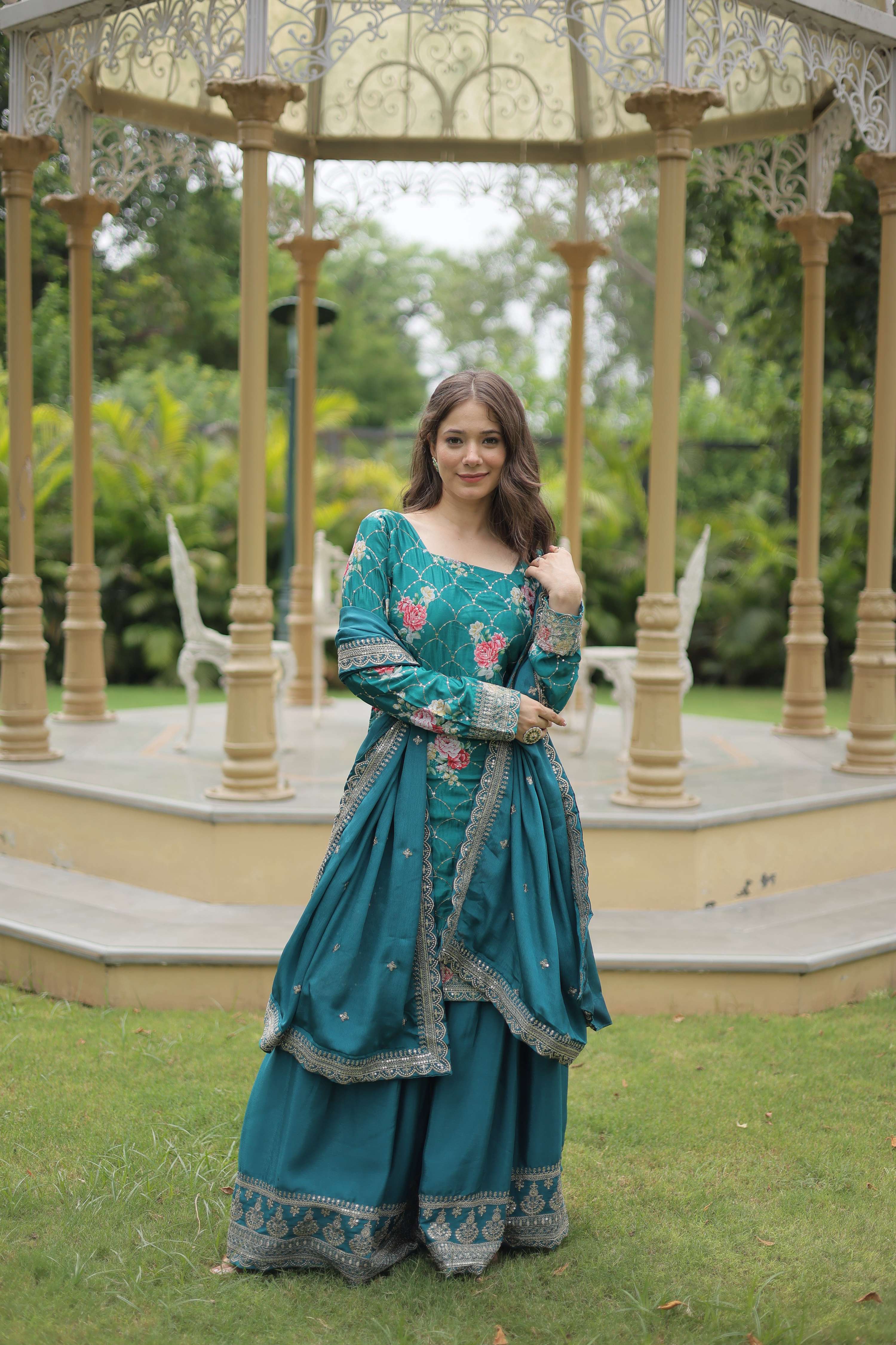 Teeya Creation Rama Color Chinon Silk Digital Print With Embroidery Work Fully Stitched Plazo Pair - Distacart