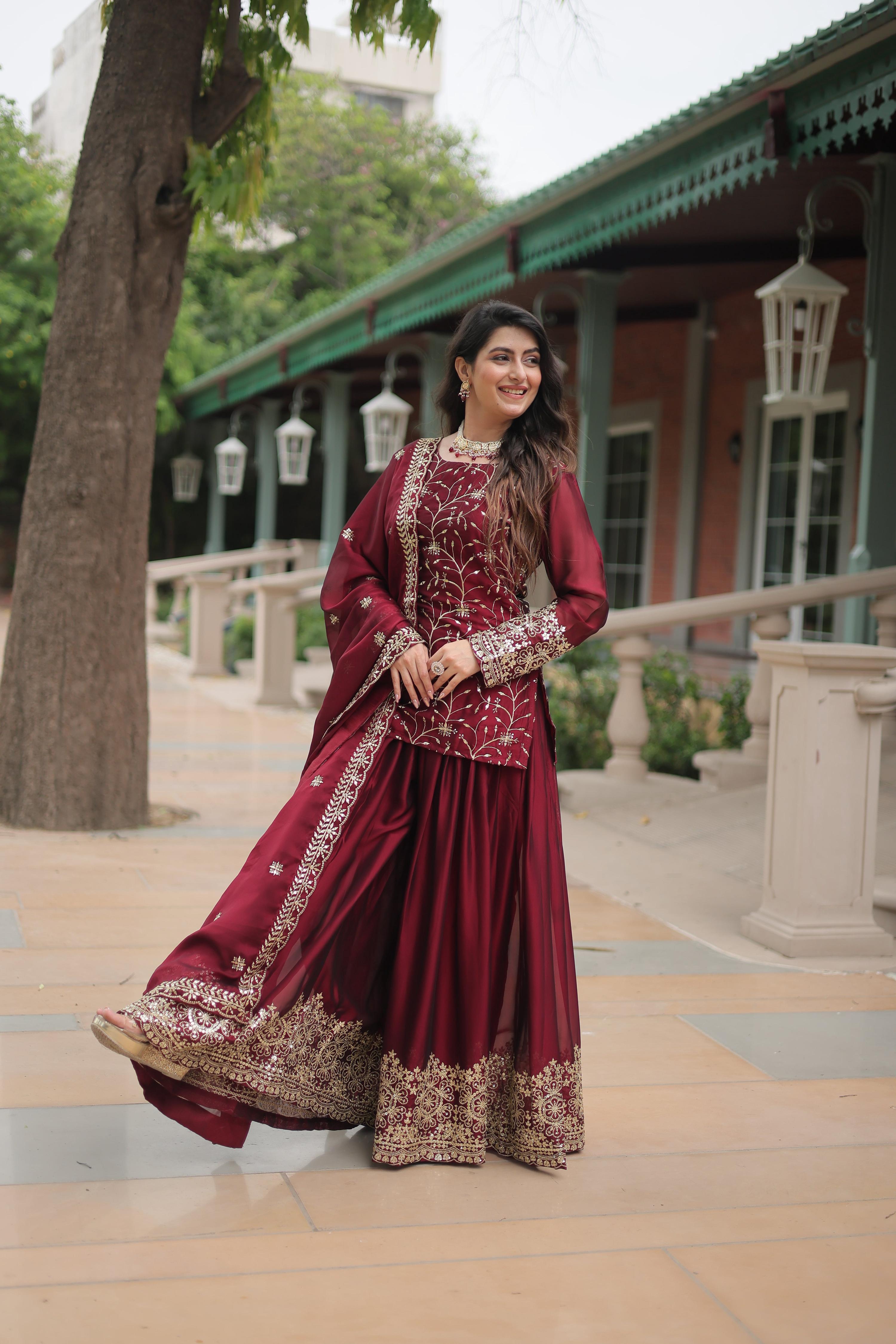Teeya Creation Maroon Color rangoli Silk Heavy Sequence And Embroidery Work Fully Stitched Plazo Pair - Distacart