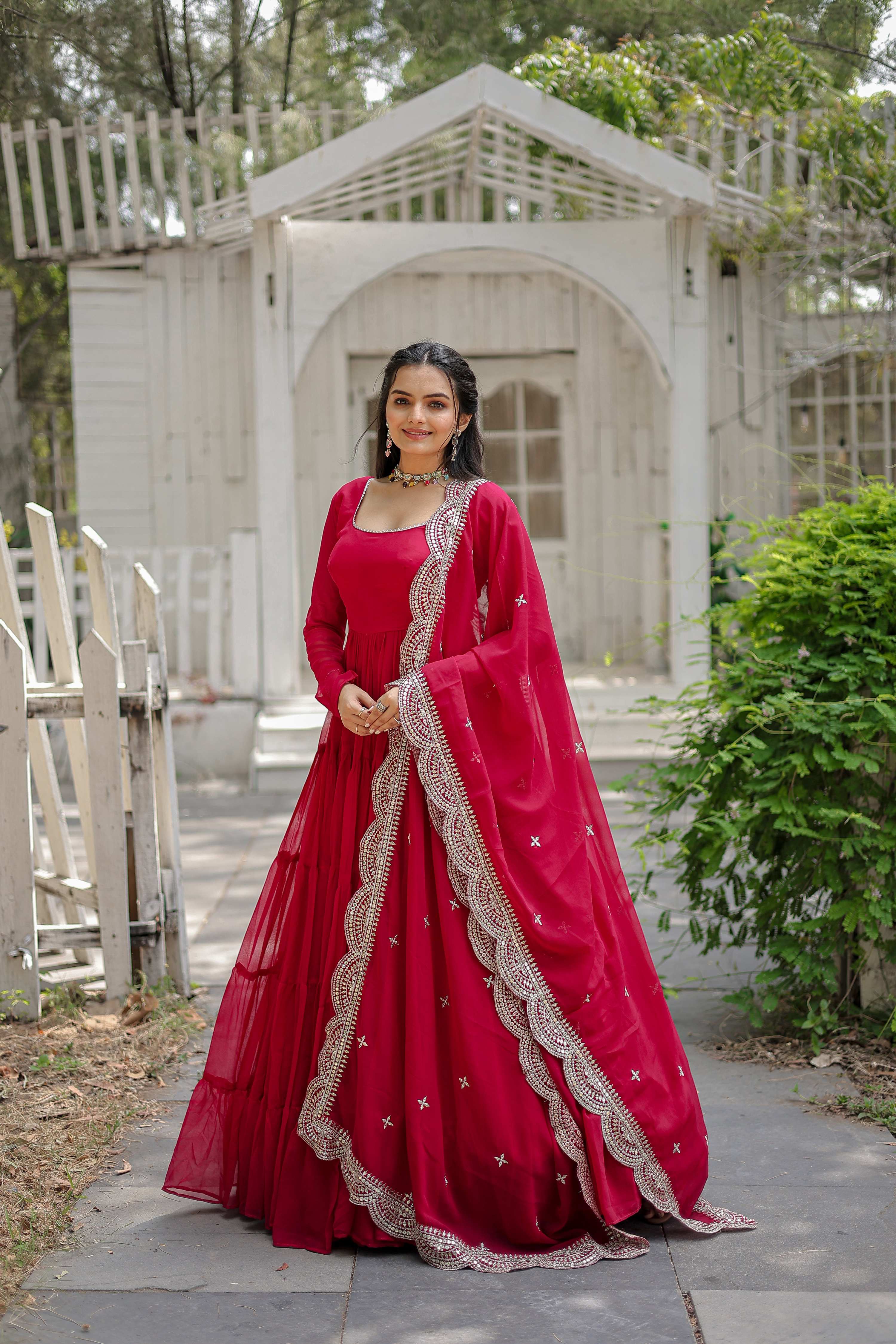 Teeya Creation Pink Color Faux Georgette Heavy Embroidery Work Dupatta Fully Stitched Gown - Distacart