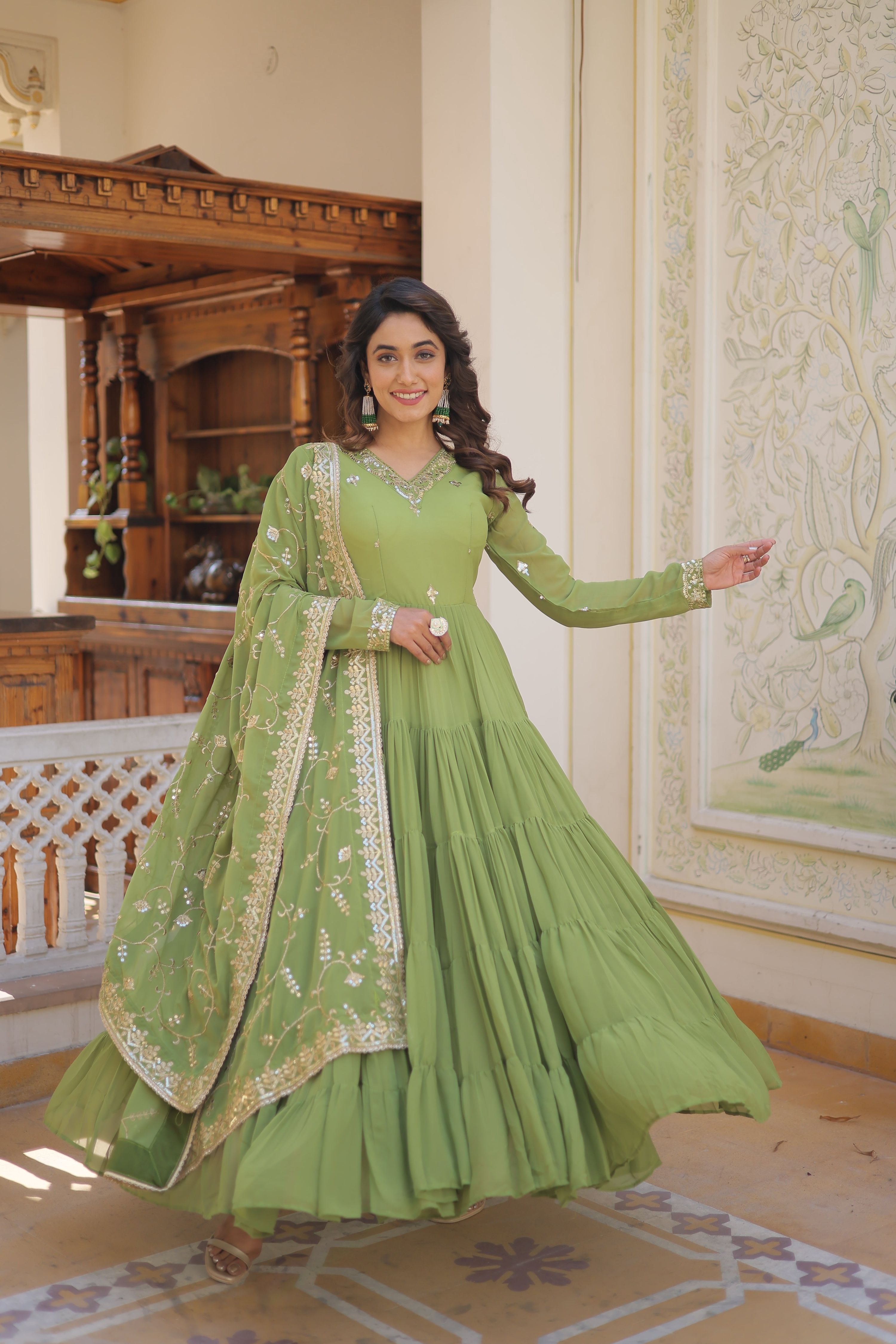 Teeya Creation Green Color Faux Georgette Heavy Work Fully Stitched Gown - Distacart
