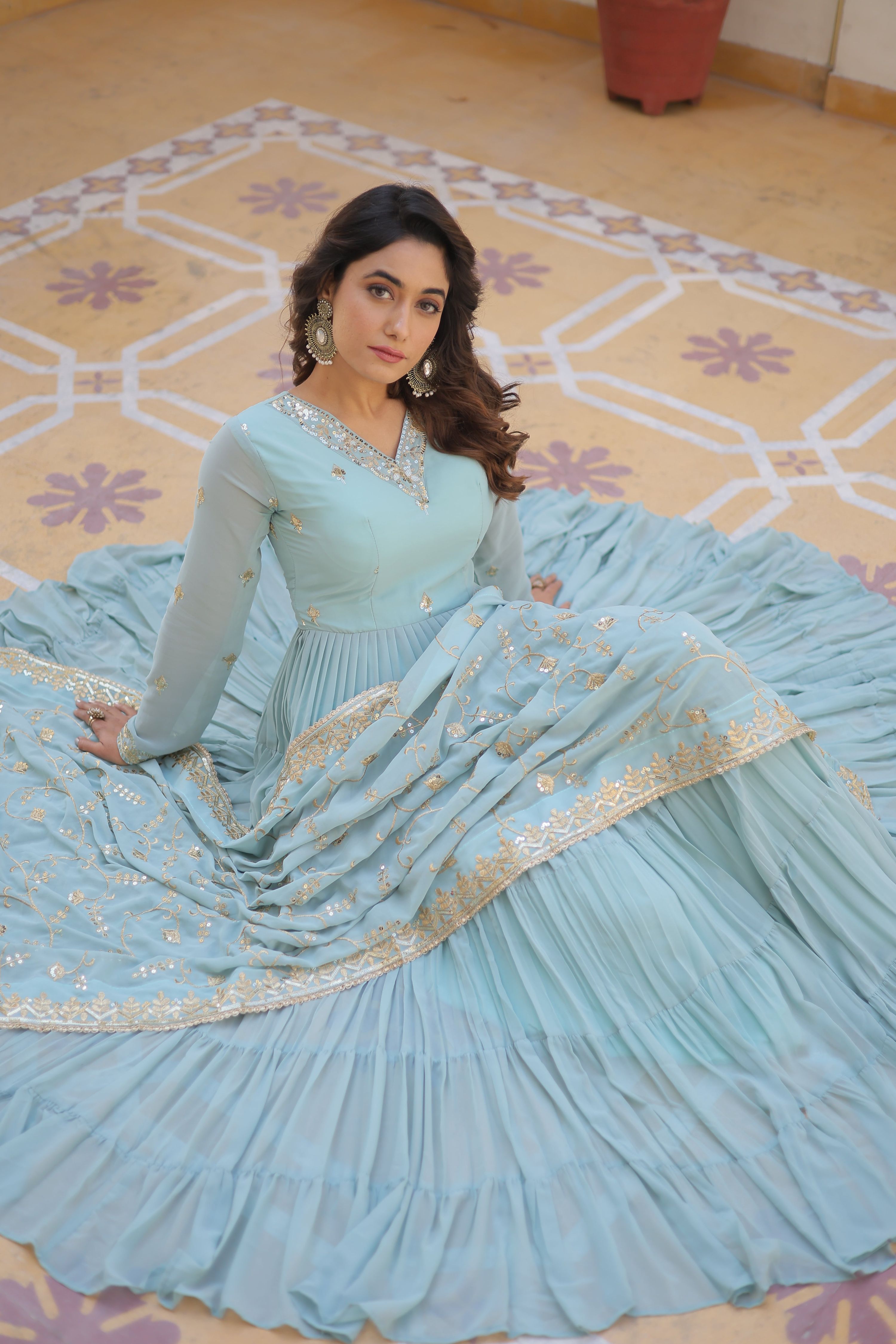 Teeya Creation Sky Color Faux Georgette Heavy Work Fully Stitched Gown - Distacart