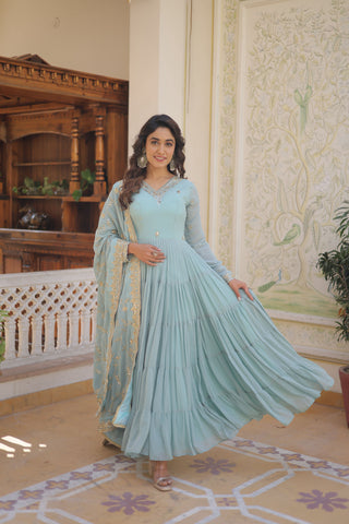 Teeya Creation Sky Color Faux Georgette Heavy Work Fully Stitched Gown - Distacart