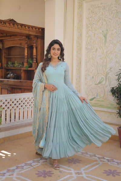 Teeya Creation Sky Color Faux Georgette Heavy Work Fully Stitched Gown - Distacart