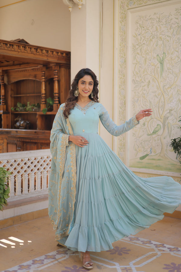 Teeya Creation Sky Color Faux Georgette Heavy Work Fully Stitched Gown - Distacart