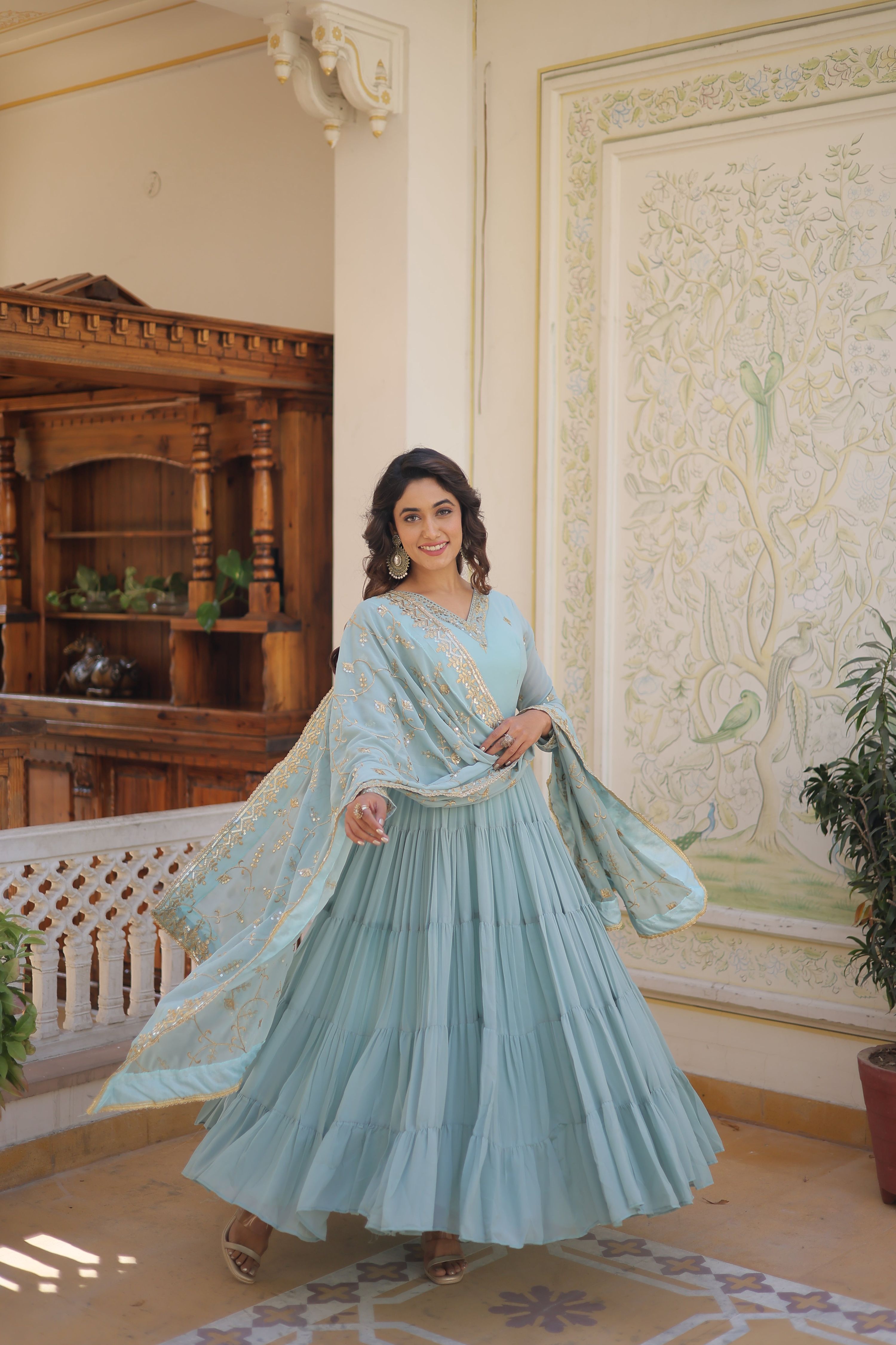 Teeya Creation Sky Color Faux Georgette Heavy Work Fully Stitched Gown - Distacart