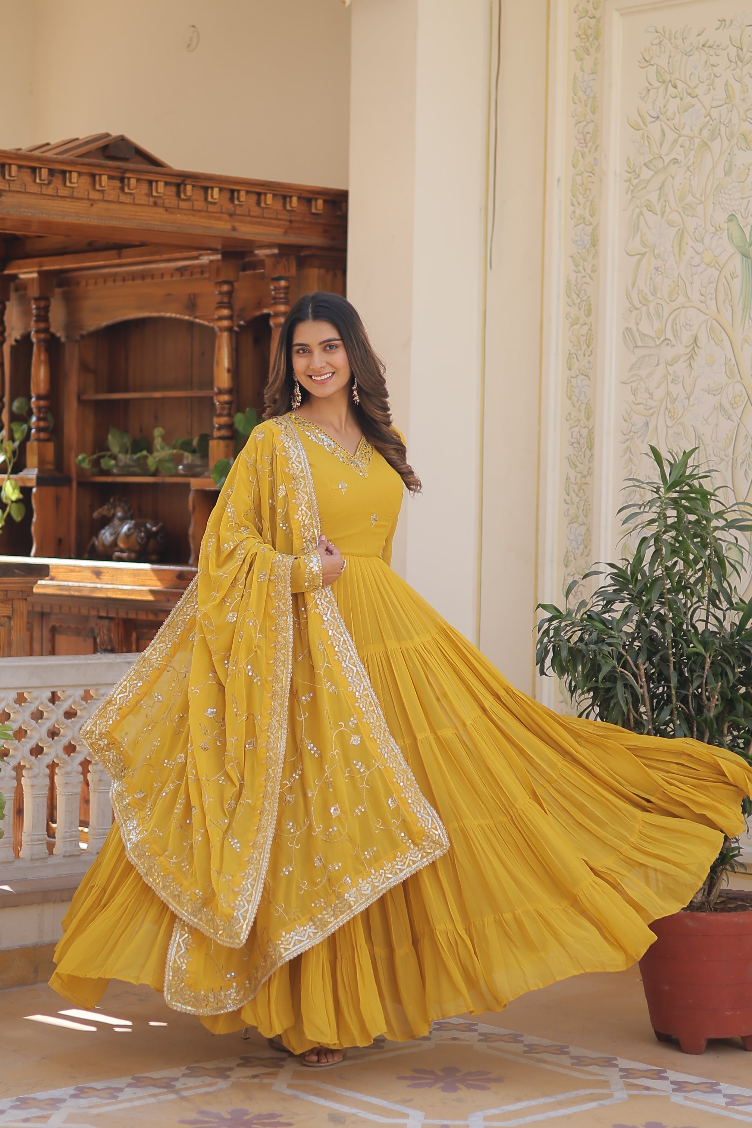 Teeya Creation Yellow Color Faux Georgette Heavy Work Fully Stitched Gown - Distacart