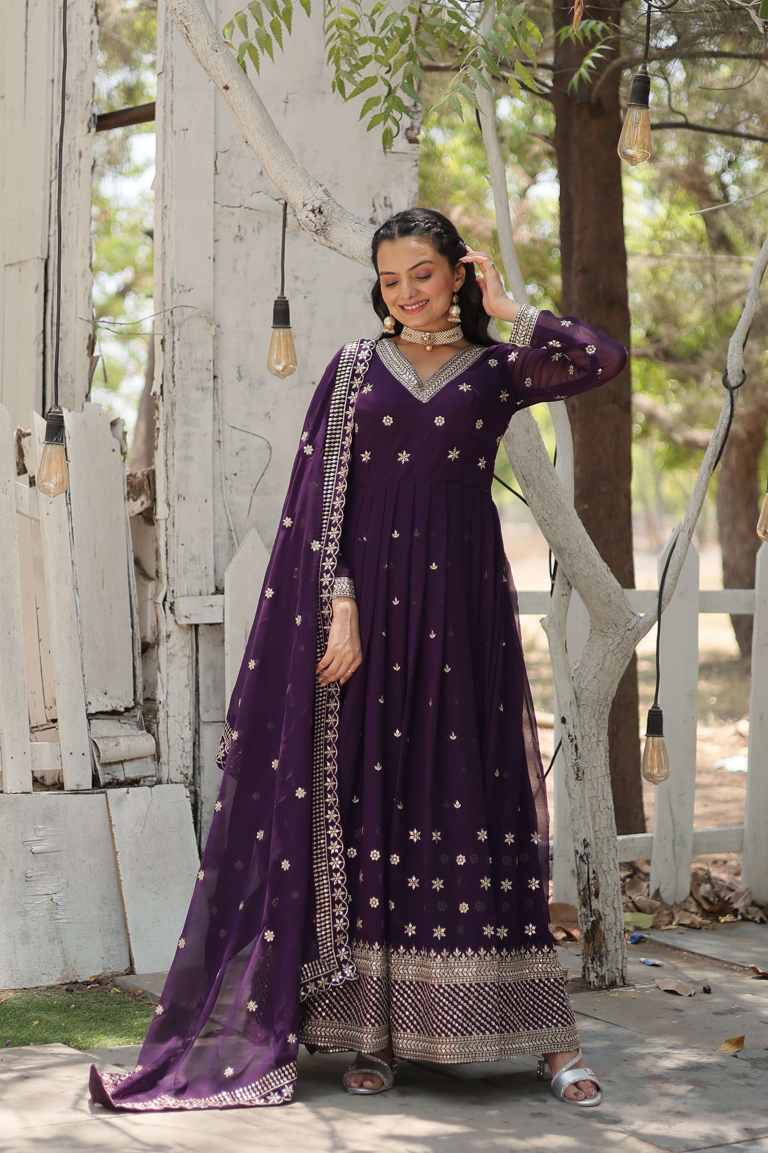 Teeya Creation Purple Color Faux Georgette Heavy Work Fully Stitched Gown - Distacart