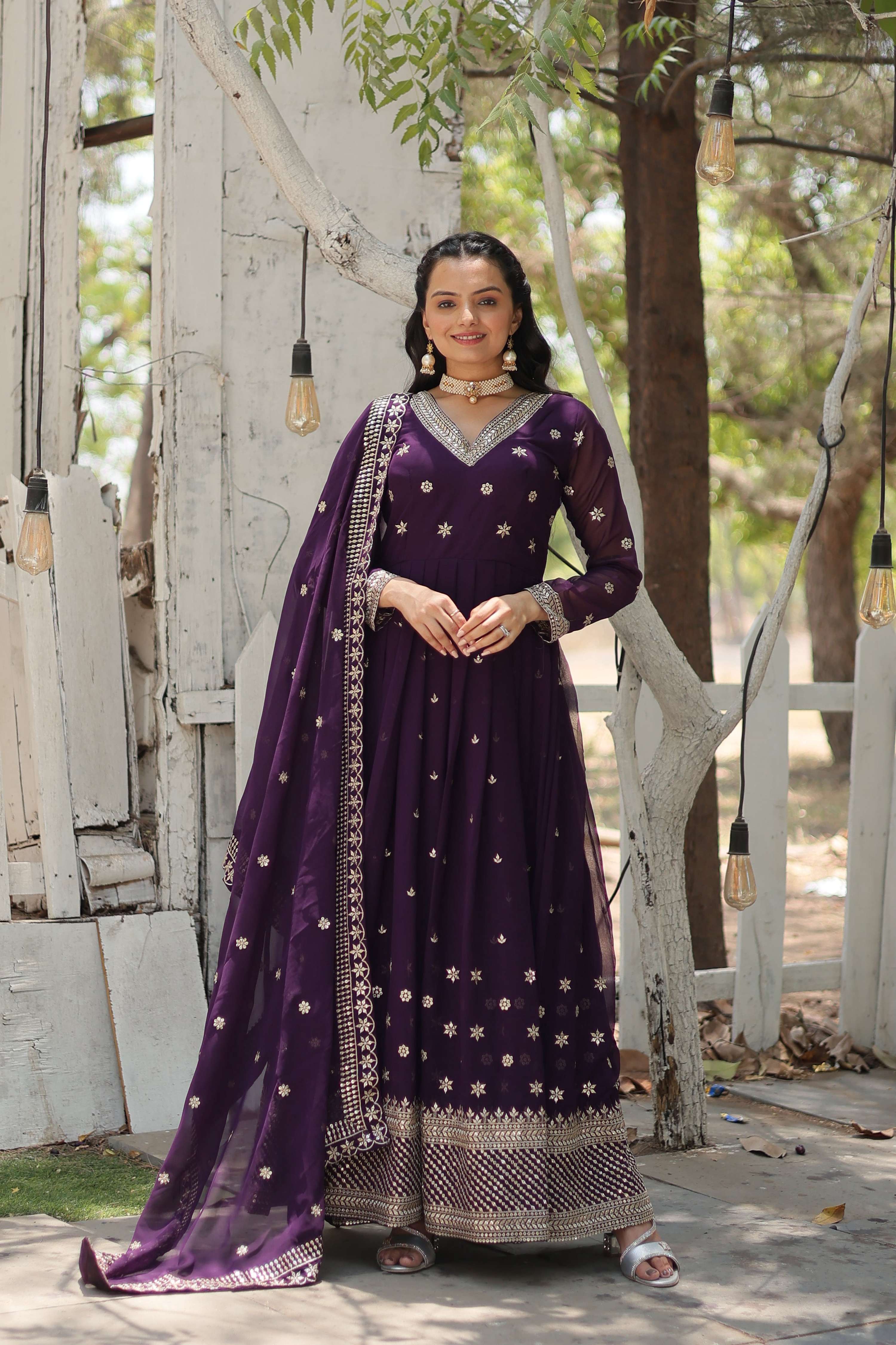 Teeya Creation Purple Color Faux Georgette Heavy Work Fully Stitched Gown - Distacart