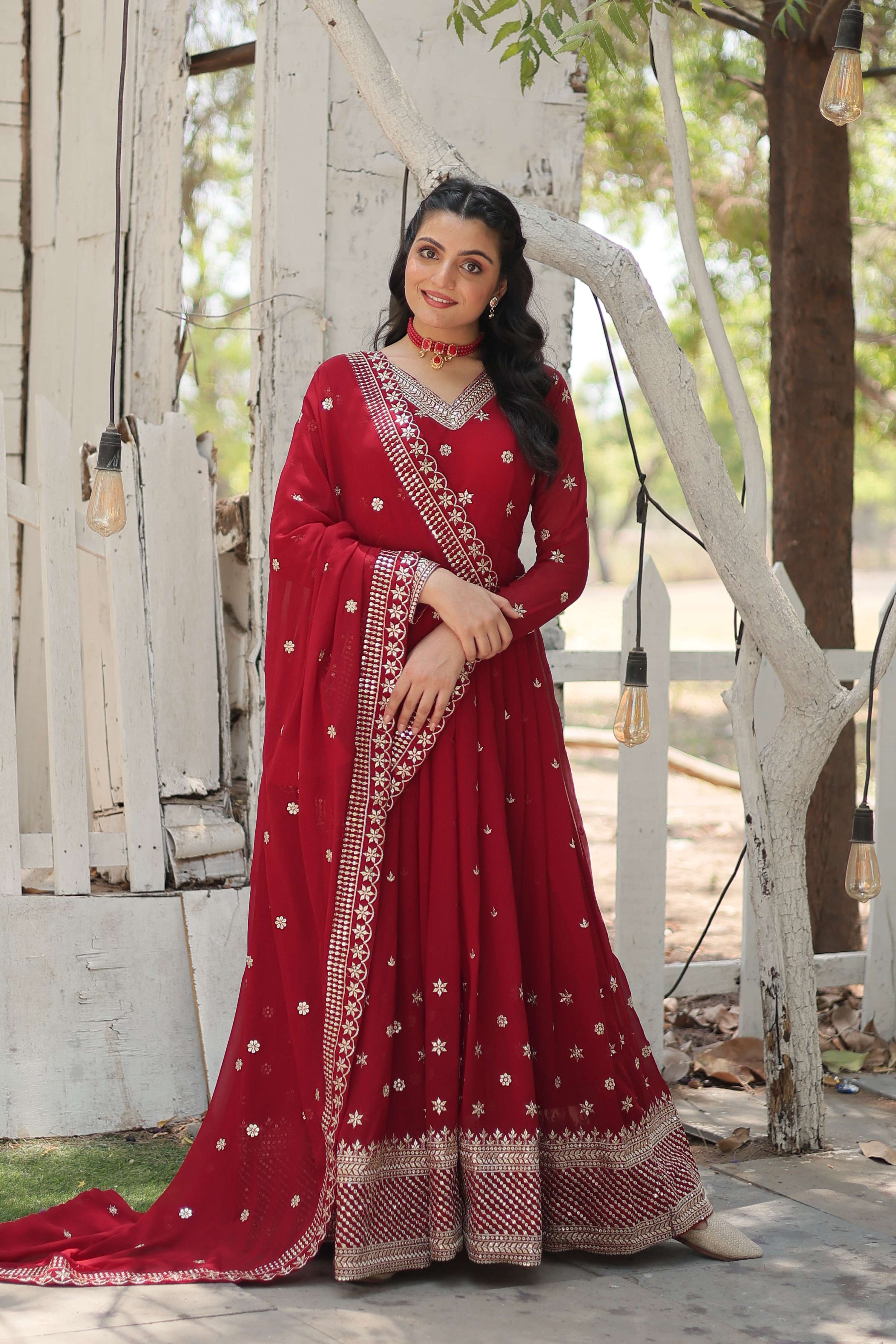 Teeya Creation Maroon Color Faux Georgette Heavy Work Fully Stitched Gown - Distacart