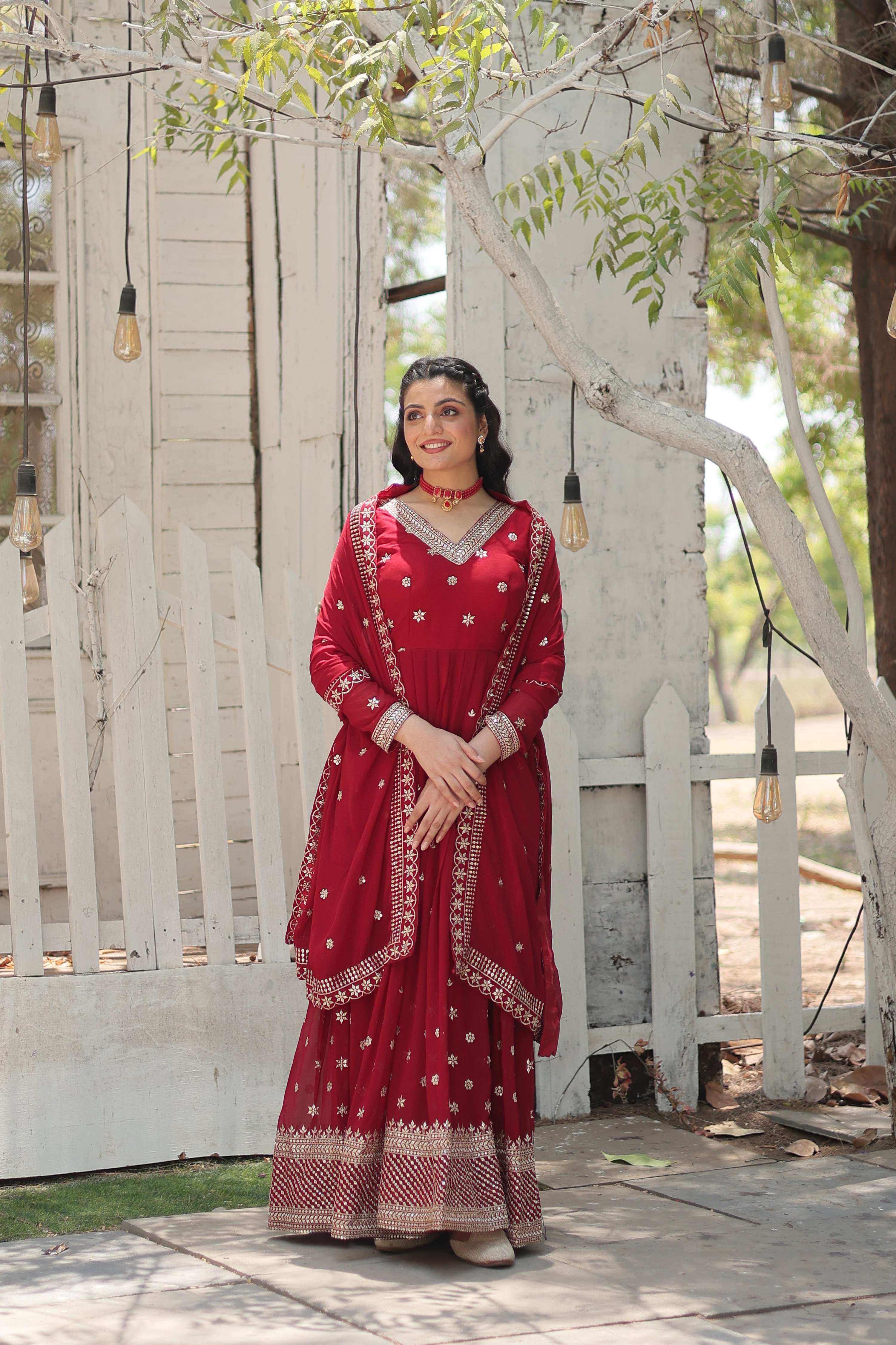Teeya Creation Maroon Color Faux Georgette Heavy Work Fully Stitched Gown - Distacart
