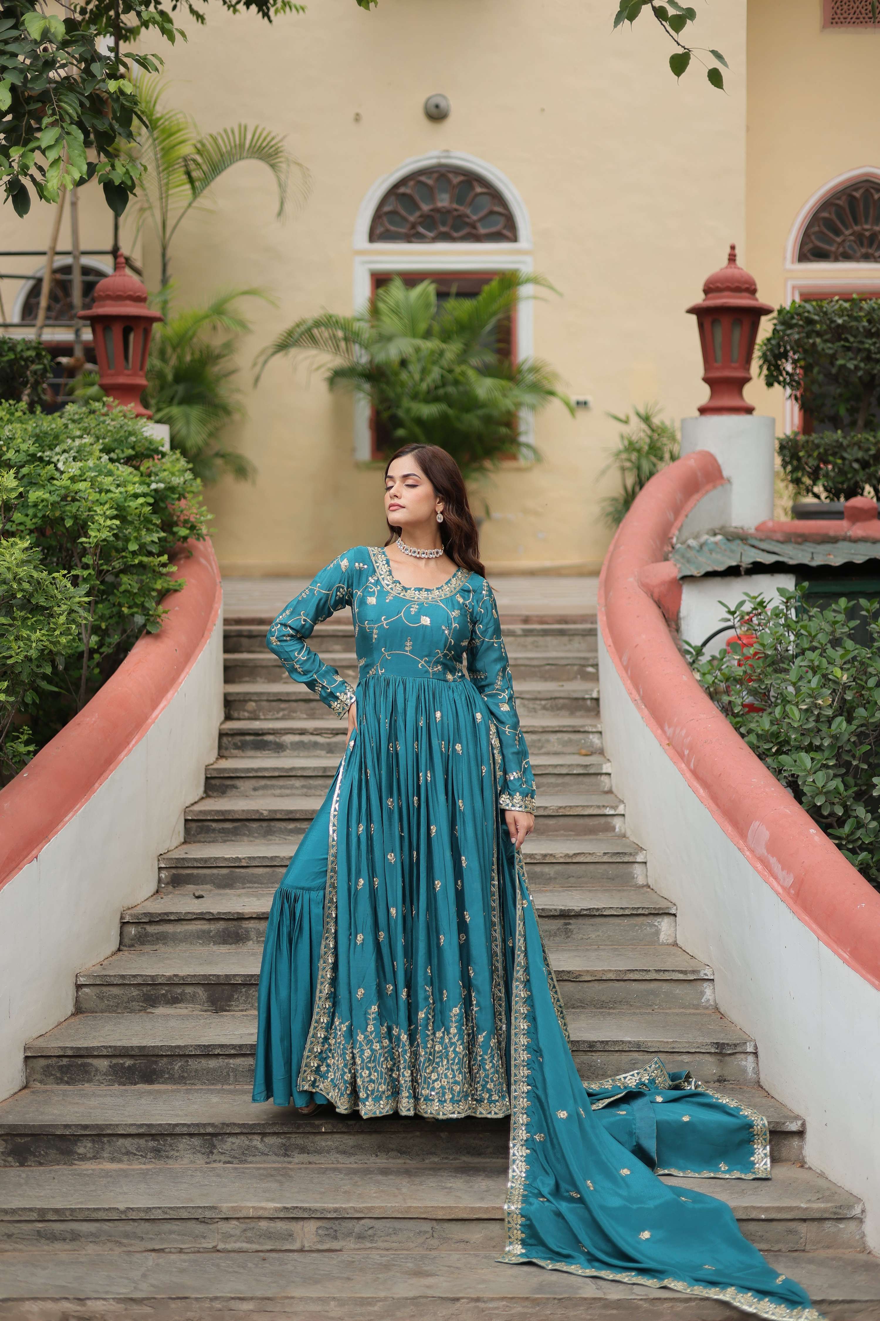 Teeya Creation Rama Color Chinon Silk Embroidery Work Fully Stitched Plazo With Anrkaly Gown - Distacart
