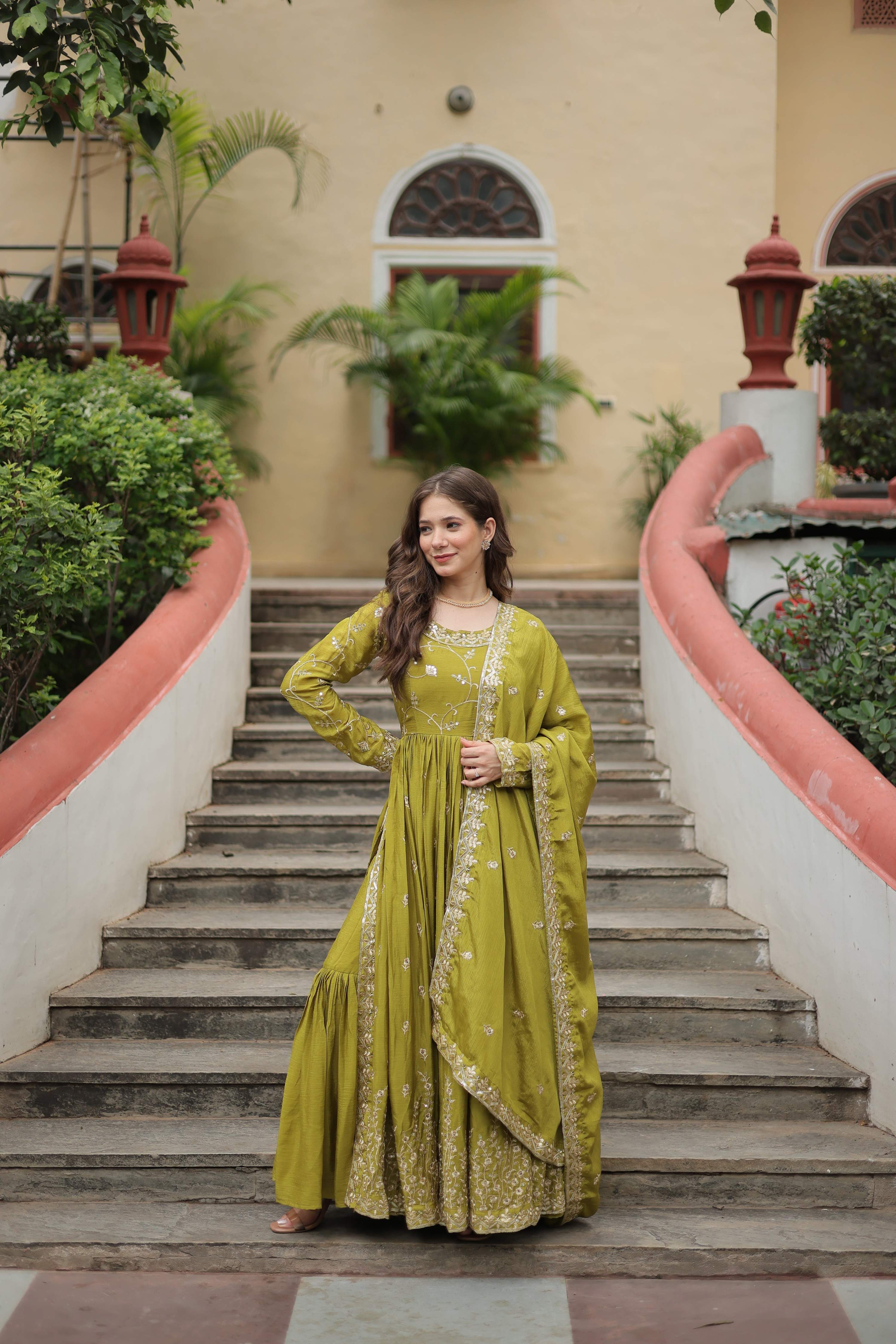 Teeya Creation Parrot Color Chinon Silk Embroidery Work Fully Stitched Plazo With Anrkaly Gown - Distacart
