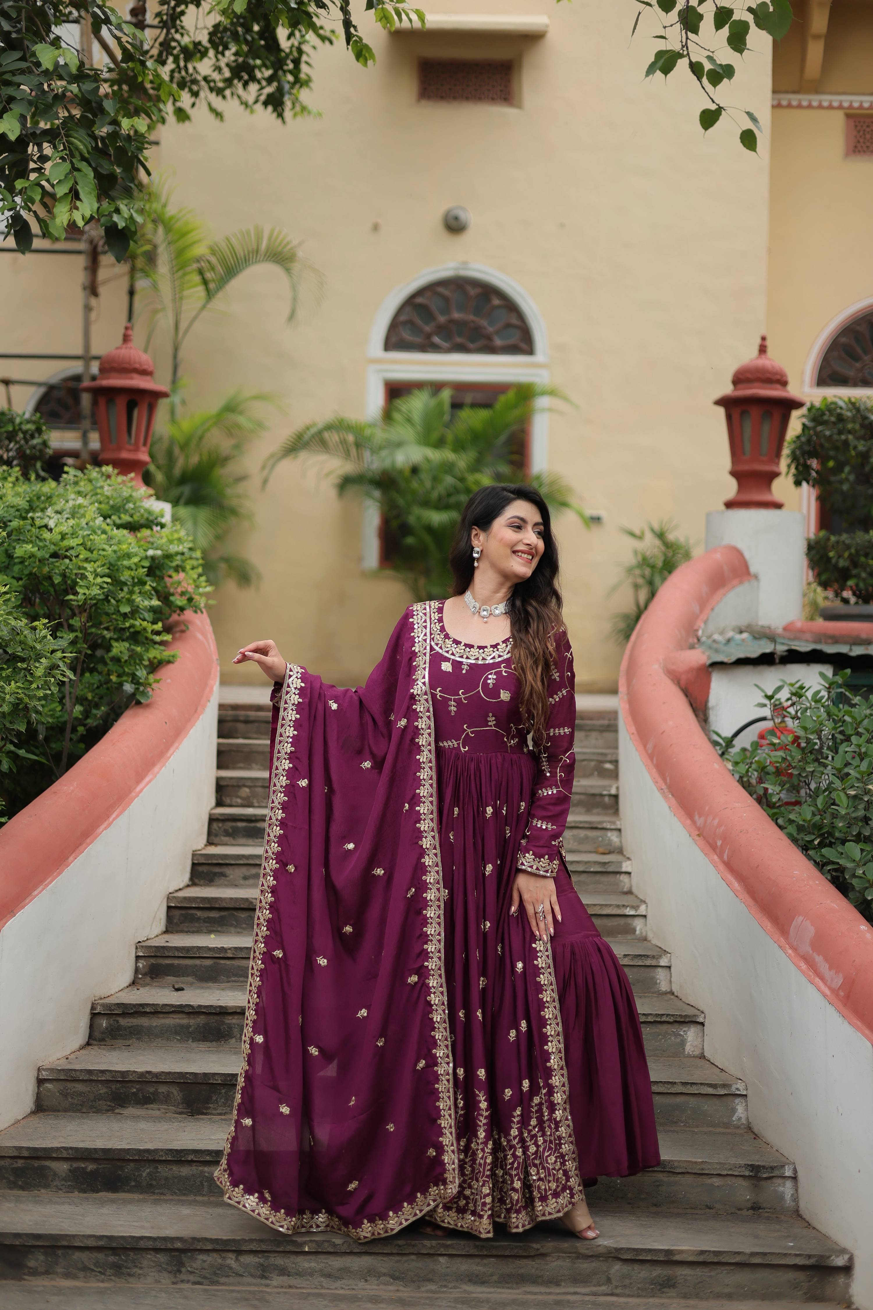 Teeya Creation Wine Color Chinon Silk Embroidery Work Fully Stitched Plazo With Anrkaly Gown - Distacart