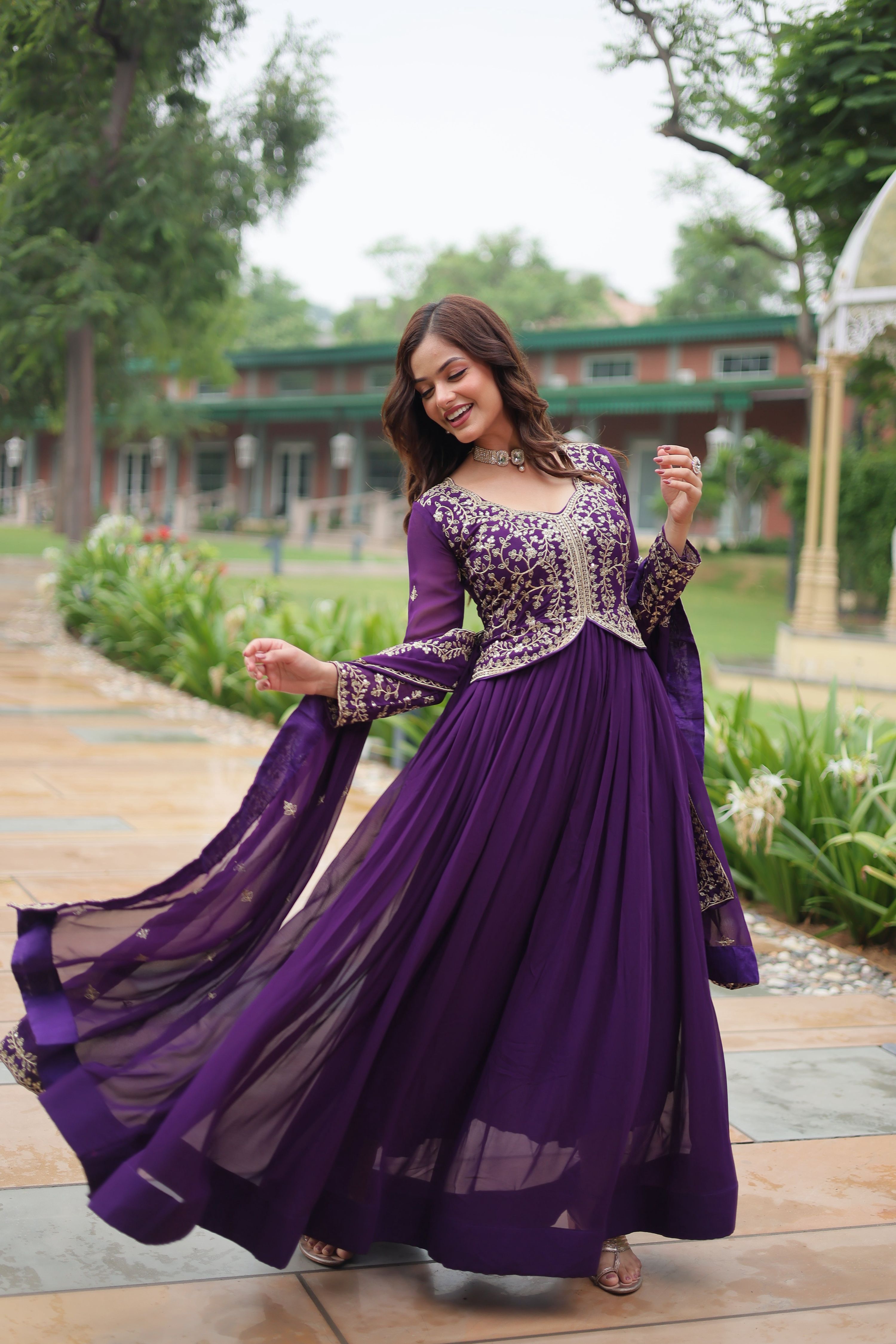 Teeya Creation Purple Color Faux Georgette Heavy Embroidery Work Dupatta Fully Stitched Gown - Distacart