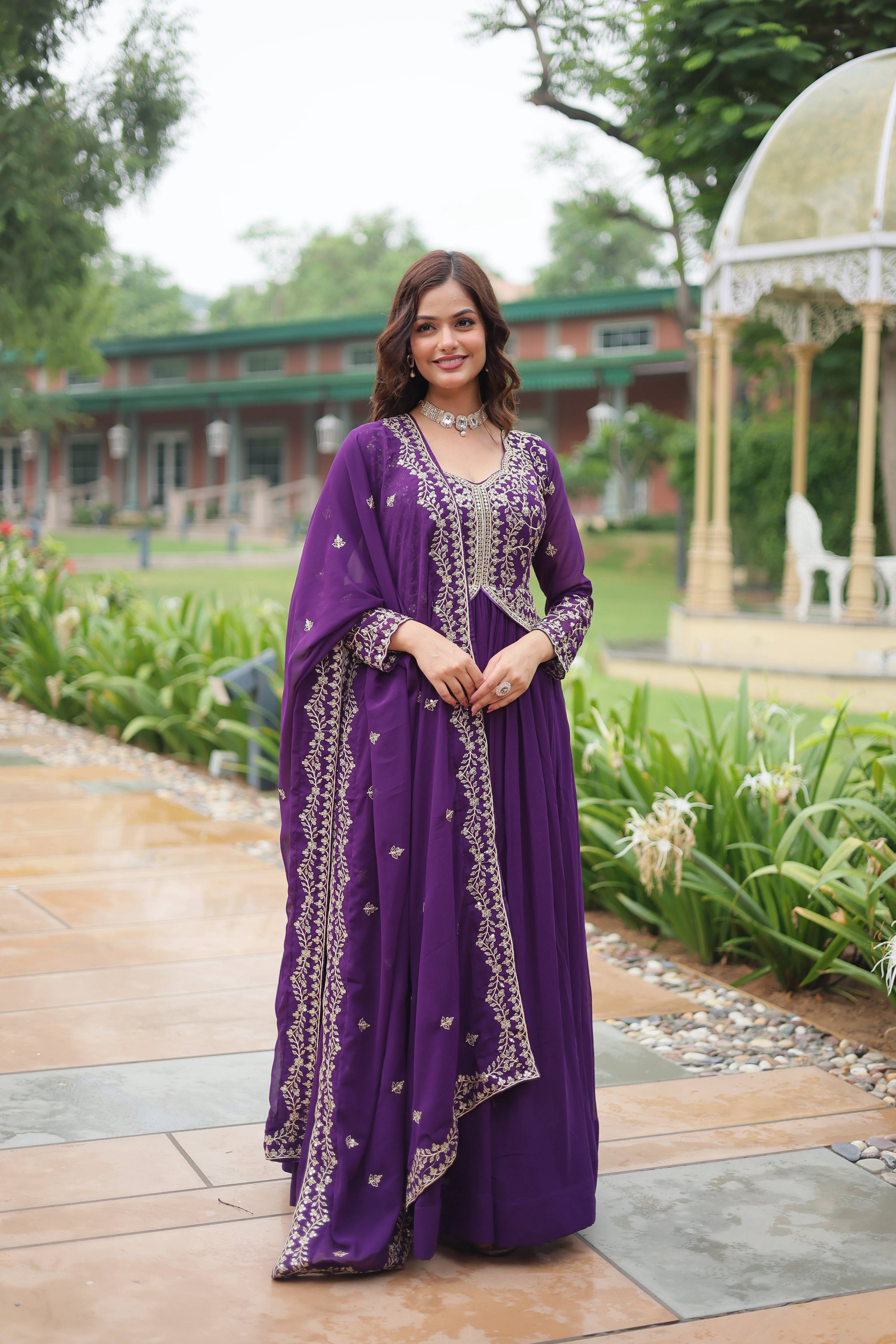 Teeya Creation Purple Color Faux Georgette Heavy Embroidery Work Dupatta Fully Stitched Gown - Distacart