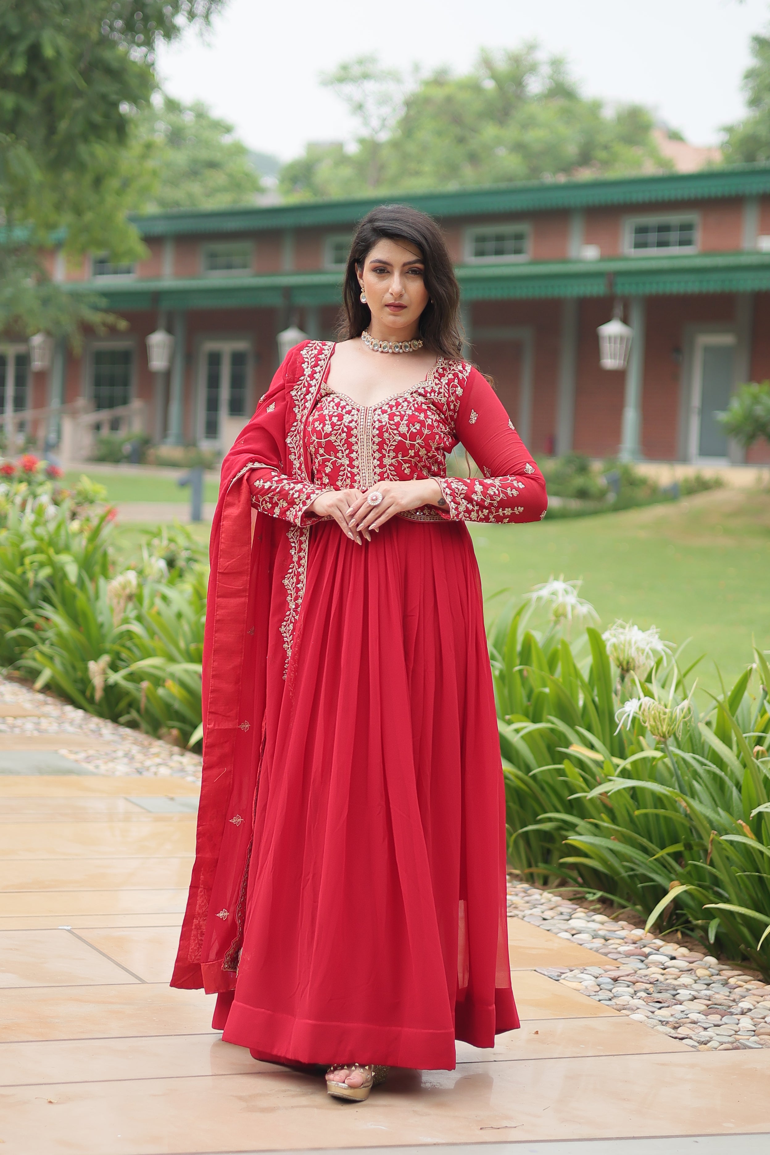 Teeya Creation Red Color Faux Georgette Heavy Embroidery Work Dupatta Fully Stitched Gown - Distacart