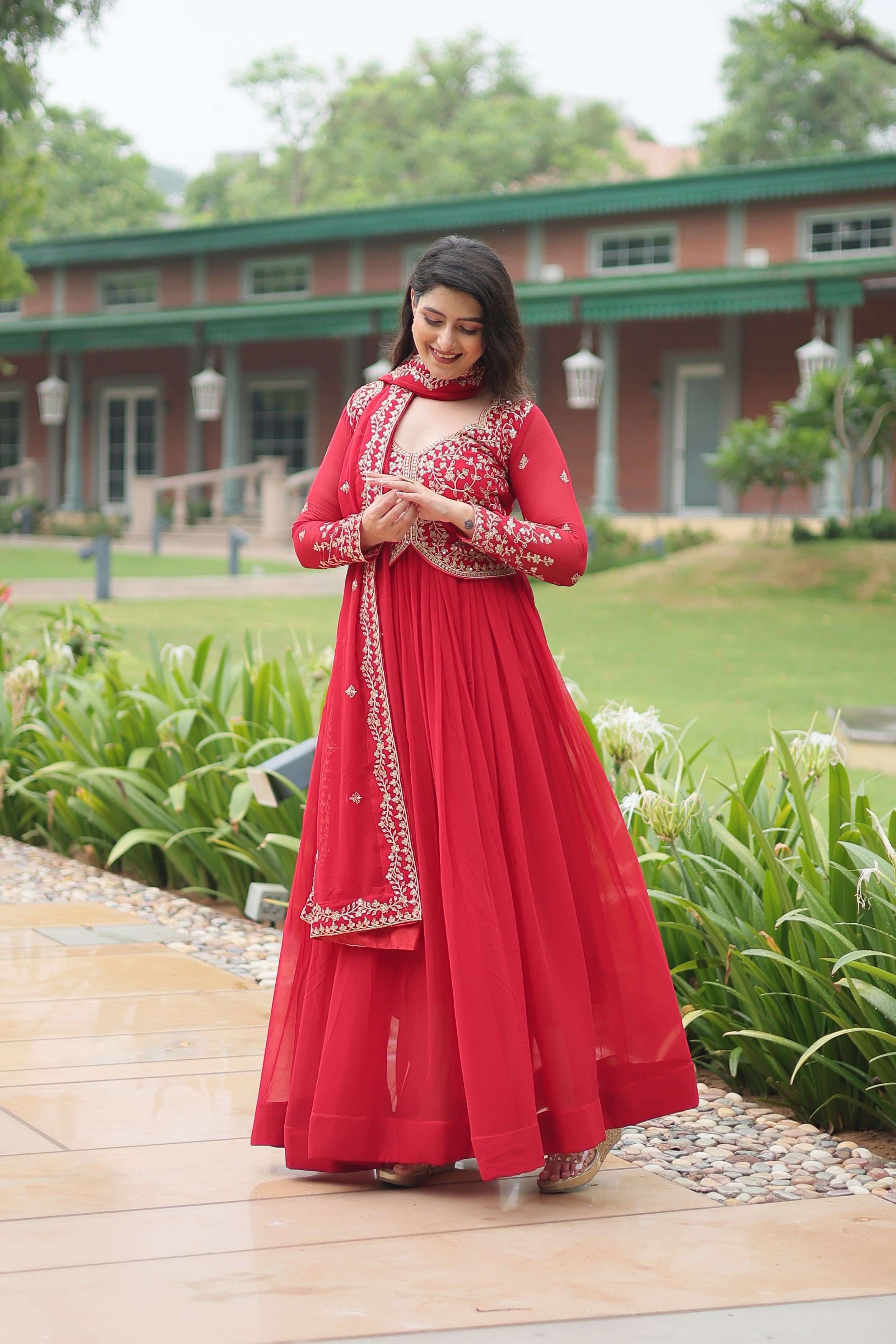 Teeya Creation Red Color Faux Georgette Heavy Embroidery Work Dupatta Fully Stitched Gown - Distacart