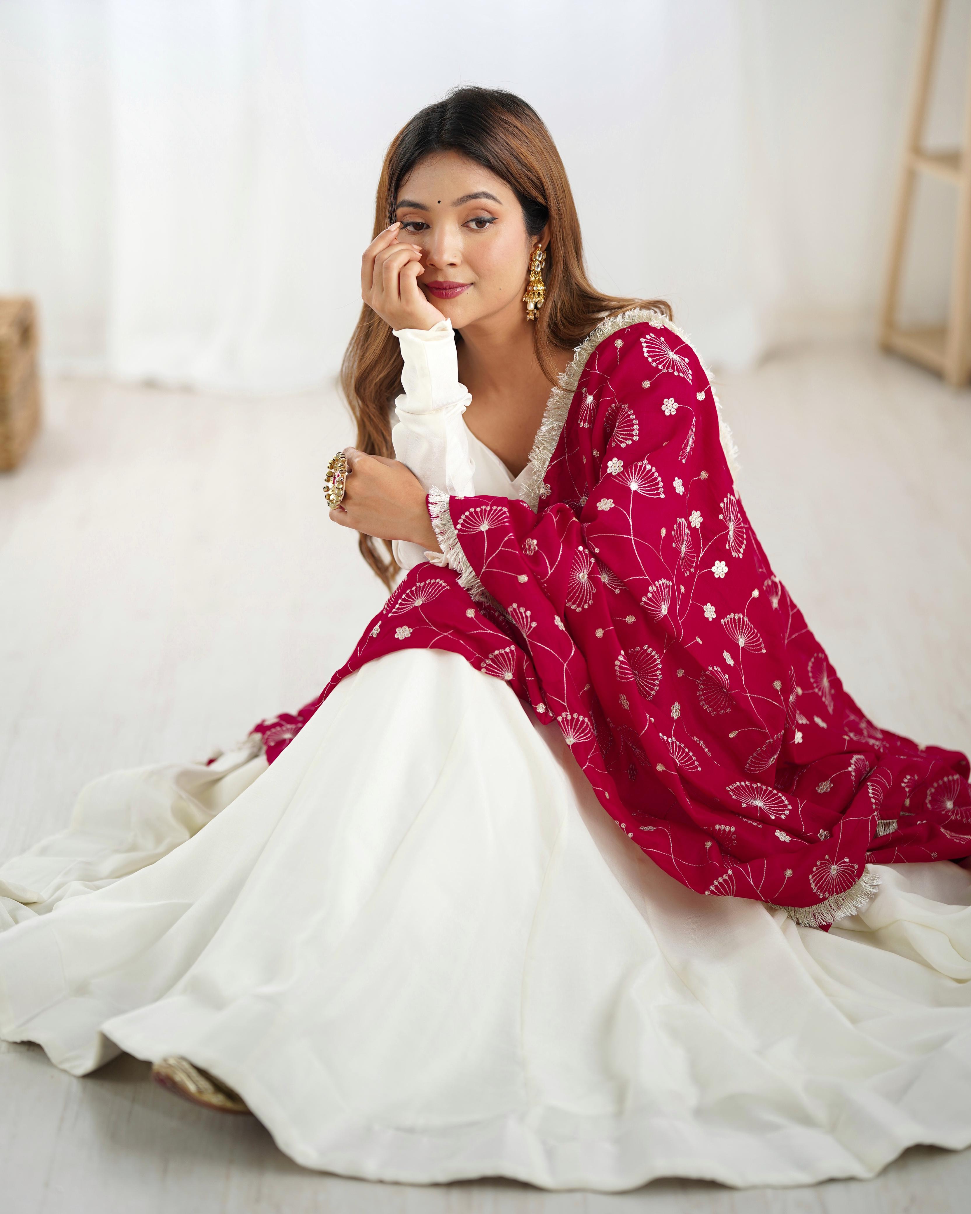 Teeya Creation Off White Color Vichitra Silk Fully Stitched Anarkali Gown - Distacart