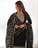 Thumbnail for Teeya Creation Black Color Blooming Vichitra Silk Heavy Embroidery Work Fully Stitched Salwar Suit - Distacart