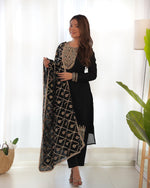 Thumbnail for Teeya Creation Black Color Blooming Vichitra Silk Heavy Embroidery Work Fully Stitched Salwar Suit - Distacart