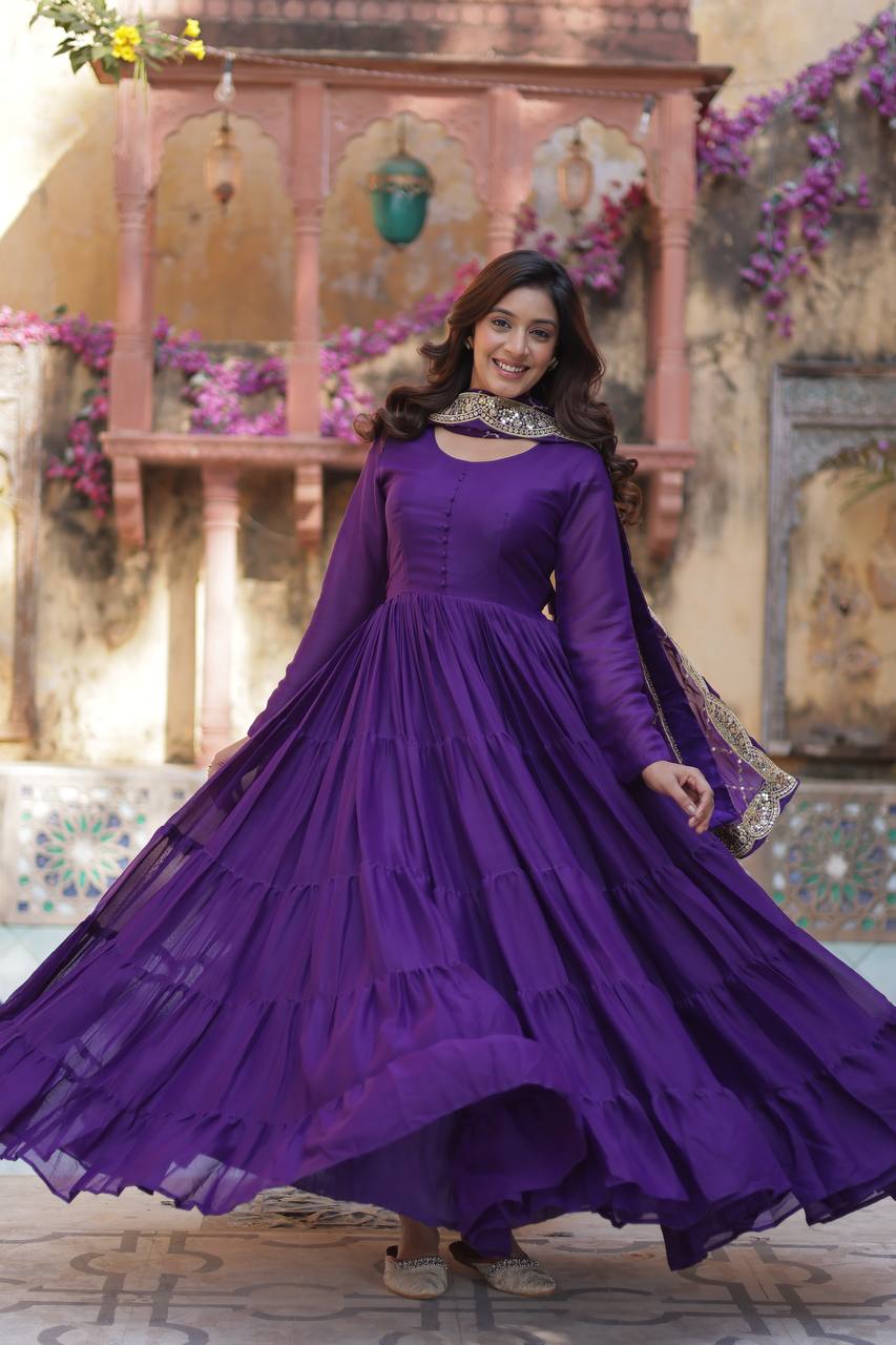 Teeya Creation Purple Color Star Georgette 15 Meter Flari Fully Stitched Gown - Distacart