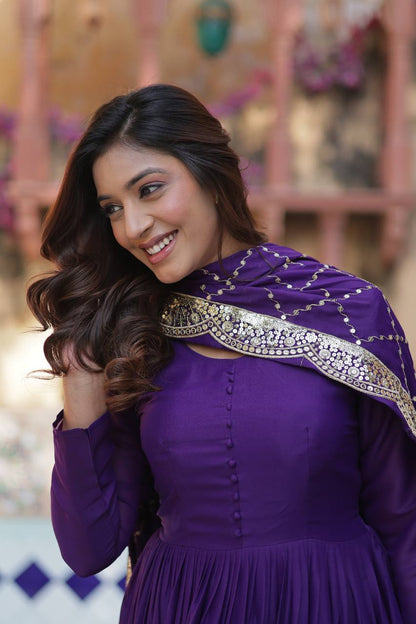Teeya Creation Purple Color Star Georgette 15 Meter Flari Fully Stitched Gown - Distacart