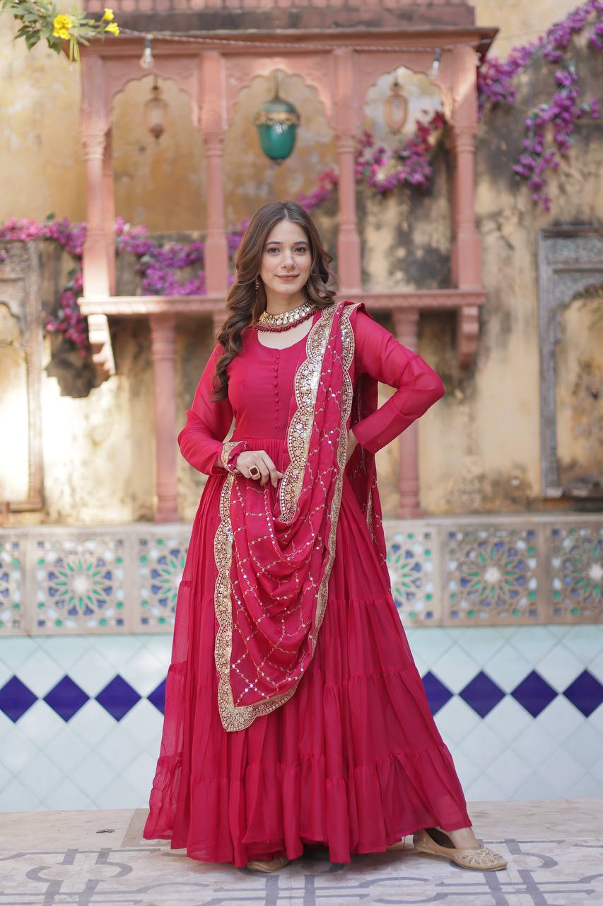 Teeya Creation Pink Color Star Georgette 15 Meter Flari Fully Stitched Gown - Distacart