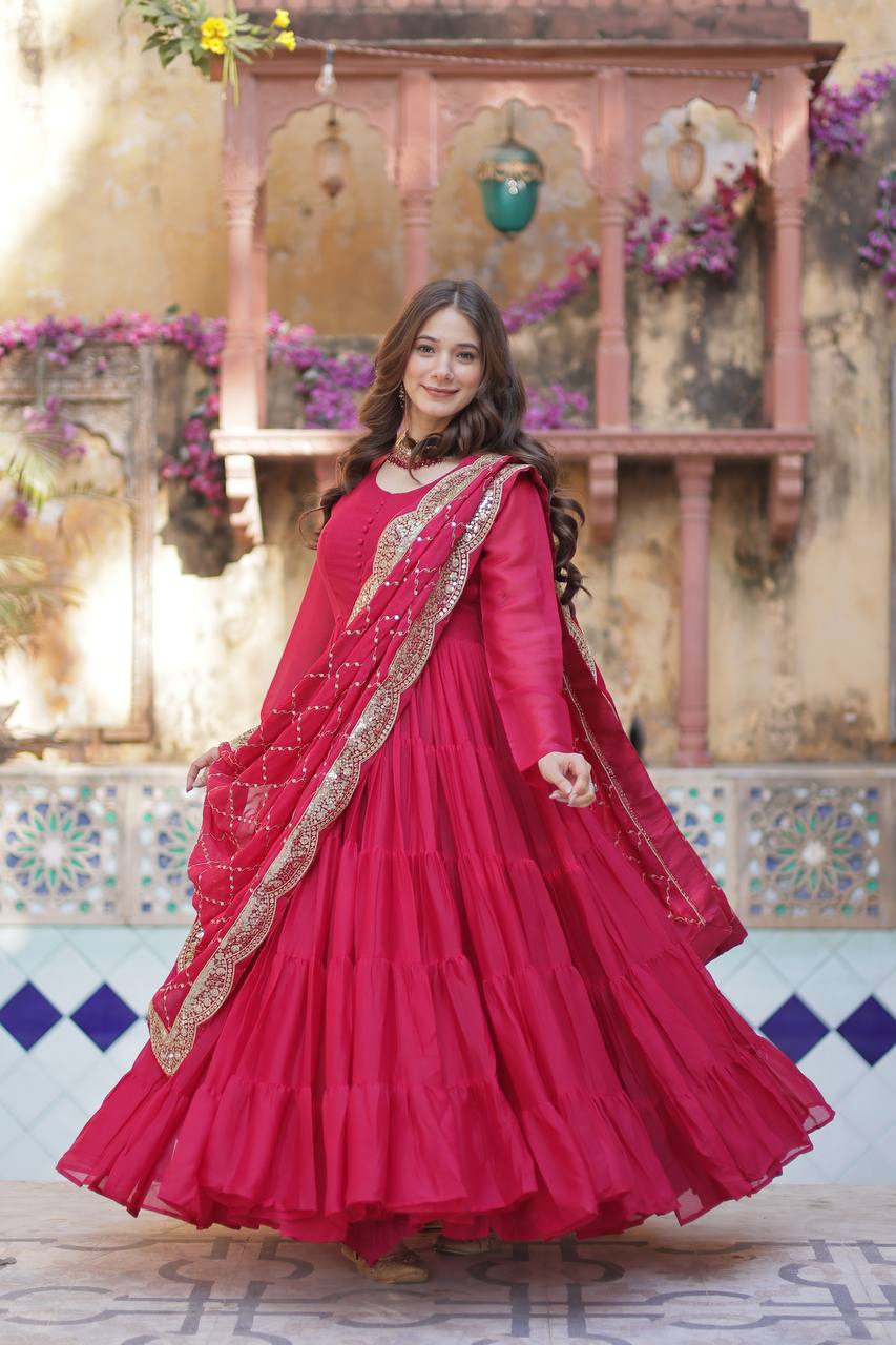 Teeya Creation Pink Color Star Georgette 15 Meter Flari Fully Stitched Gown - Distacart
