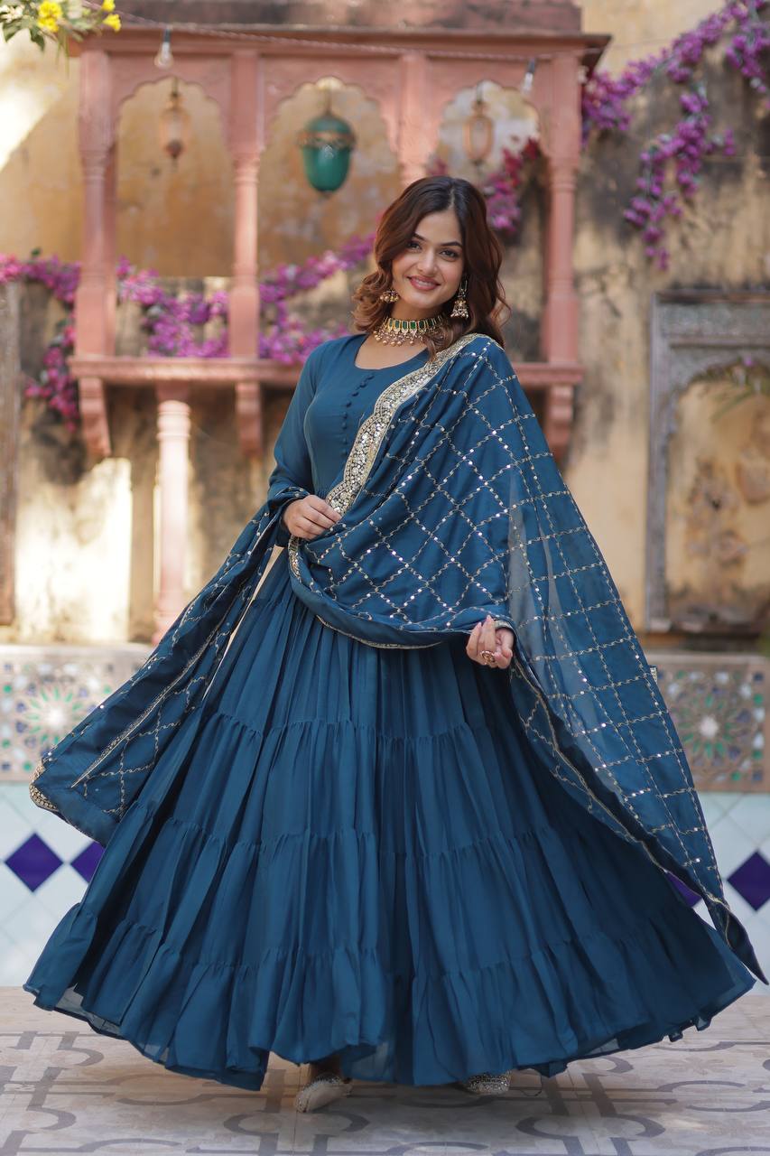 Teeya Creation Teal Color Star Georgette 15 Meter Flari Fully Stitched Gown - Distacart