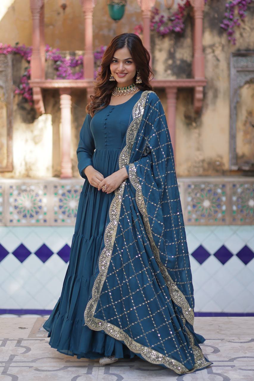 Teeya Creation Teal Color Star Georgette 15 Meter Flari Fully Stitched Gown - Distacart
