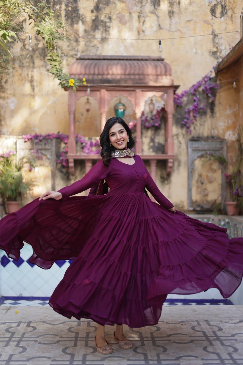 Teeya Creation Wine Color Star Georgette 15 Meter Flari Fully Stitched Gown - Distacart