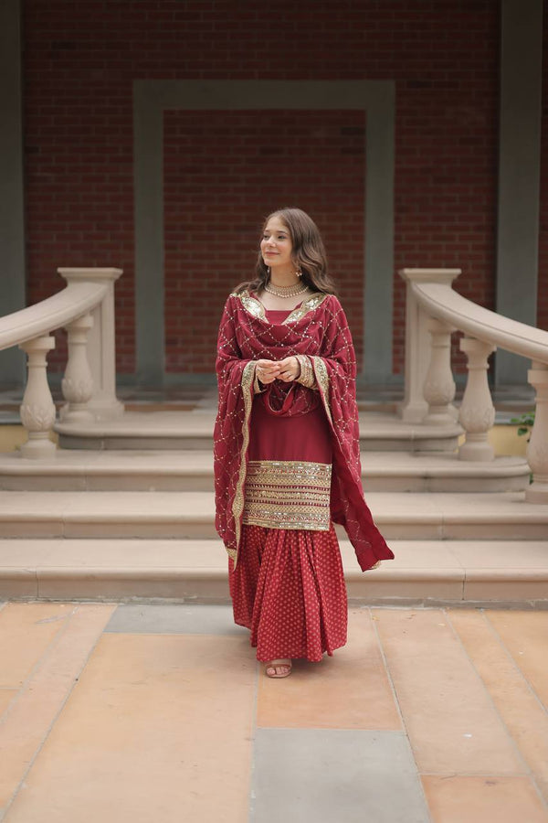 Teeya Creation Maroon Color Faux Georgette Heavy Embroidery Work Fully stitched gharara set - Distacart