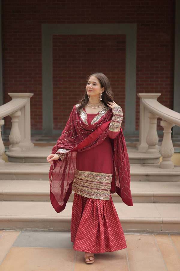 Teeya Creation Maroon Color Faux Georgette Heavy Embroidery Work Fully stitched gharara set - Distacart