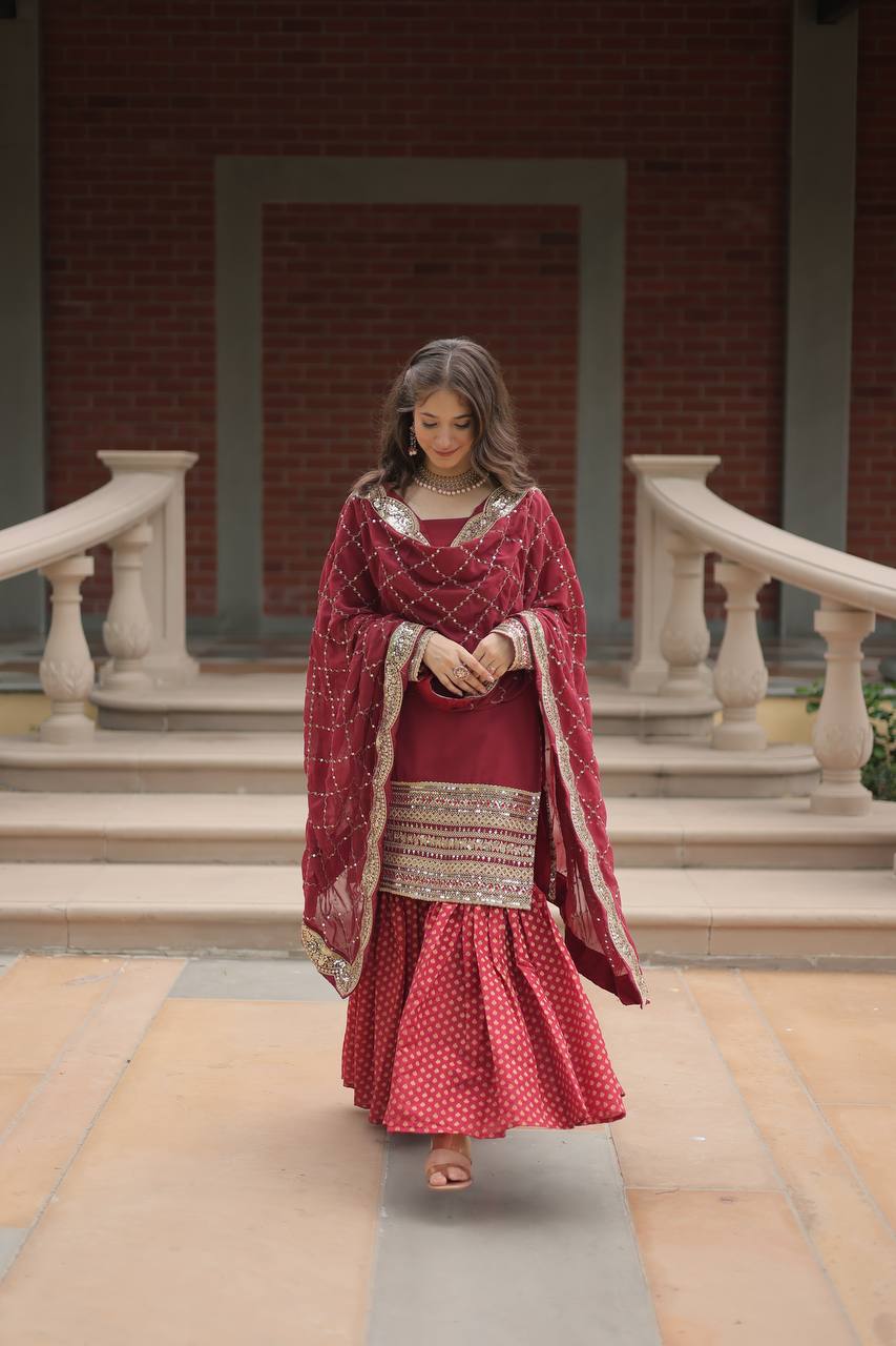 Teeya Creation Maroon Color Faux Georgette Heavy Embroidery Work Fully stitched gharara set - Distacart
