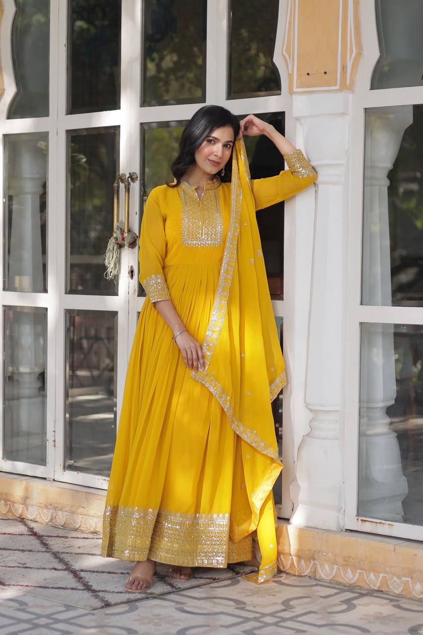 Teeya Creation Yellow Color Faux georgette Heavy Embroidery Work Fully Stitched Gown - Distacart