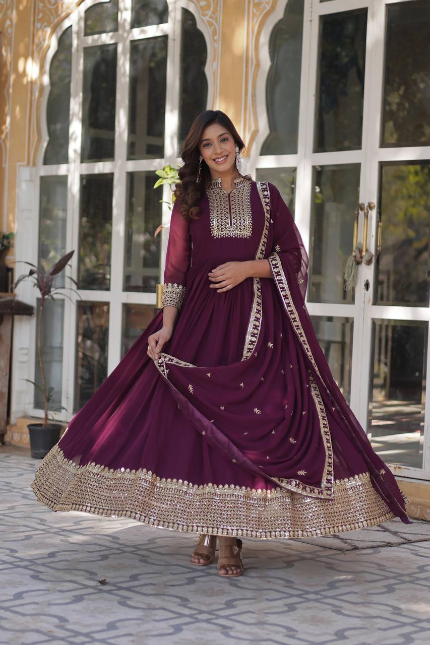 Teeya Creation Wine Color Faux georgette Heavy Embroidery Work Fully Stitched Gown - Distacart