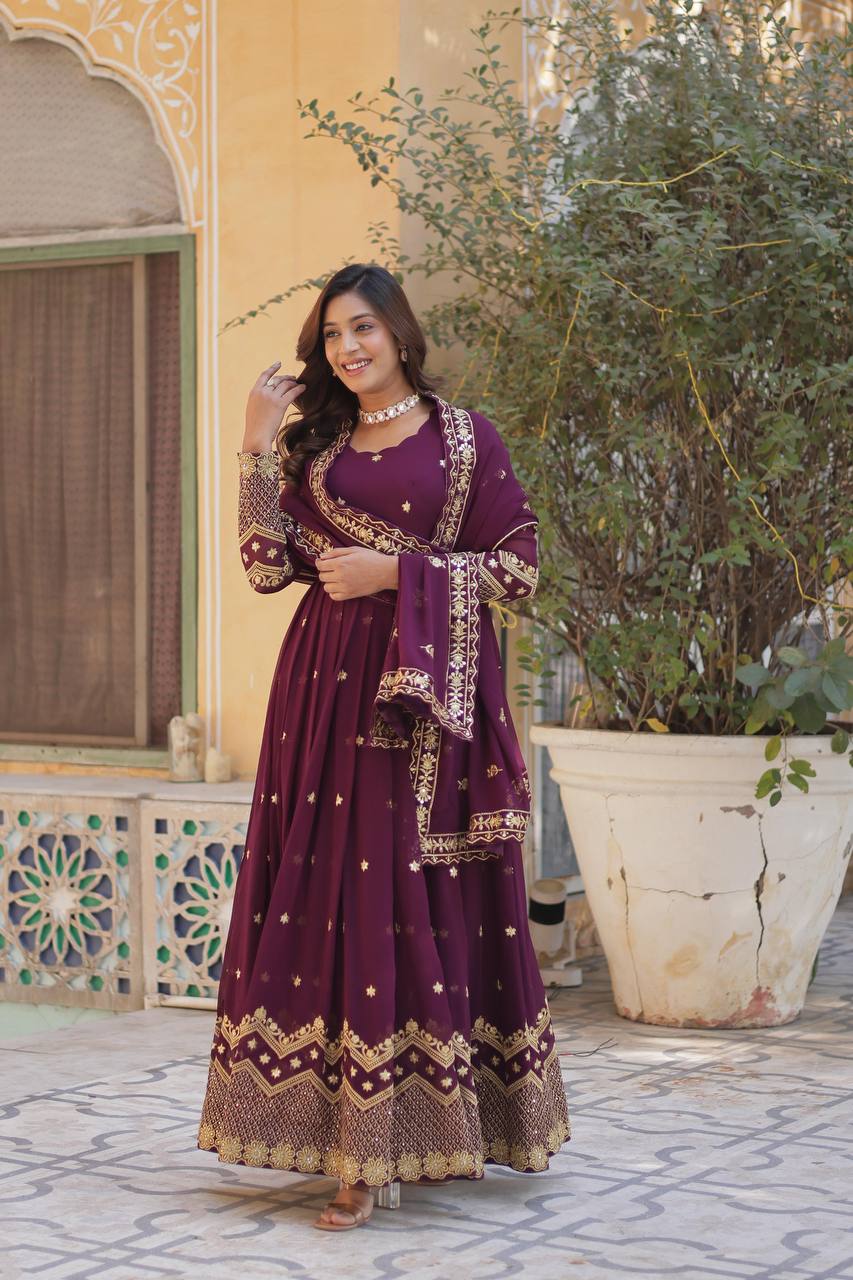 Teeya Creation Wine Color Faux Georgette Heavy Work Fully Stitched Anarkali Gown - Distacart