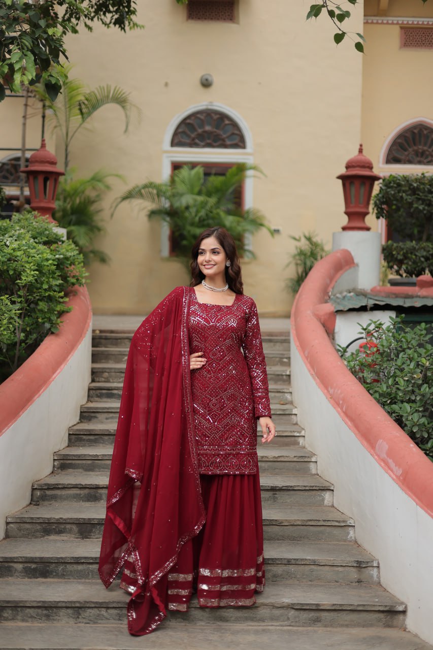 Teeya Creation Maroon Color Faux Georgette Heavy Embroidery Work Fully stitched Sharara set - Distacart