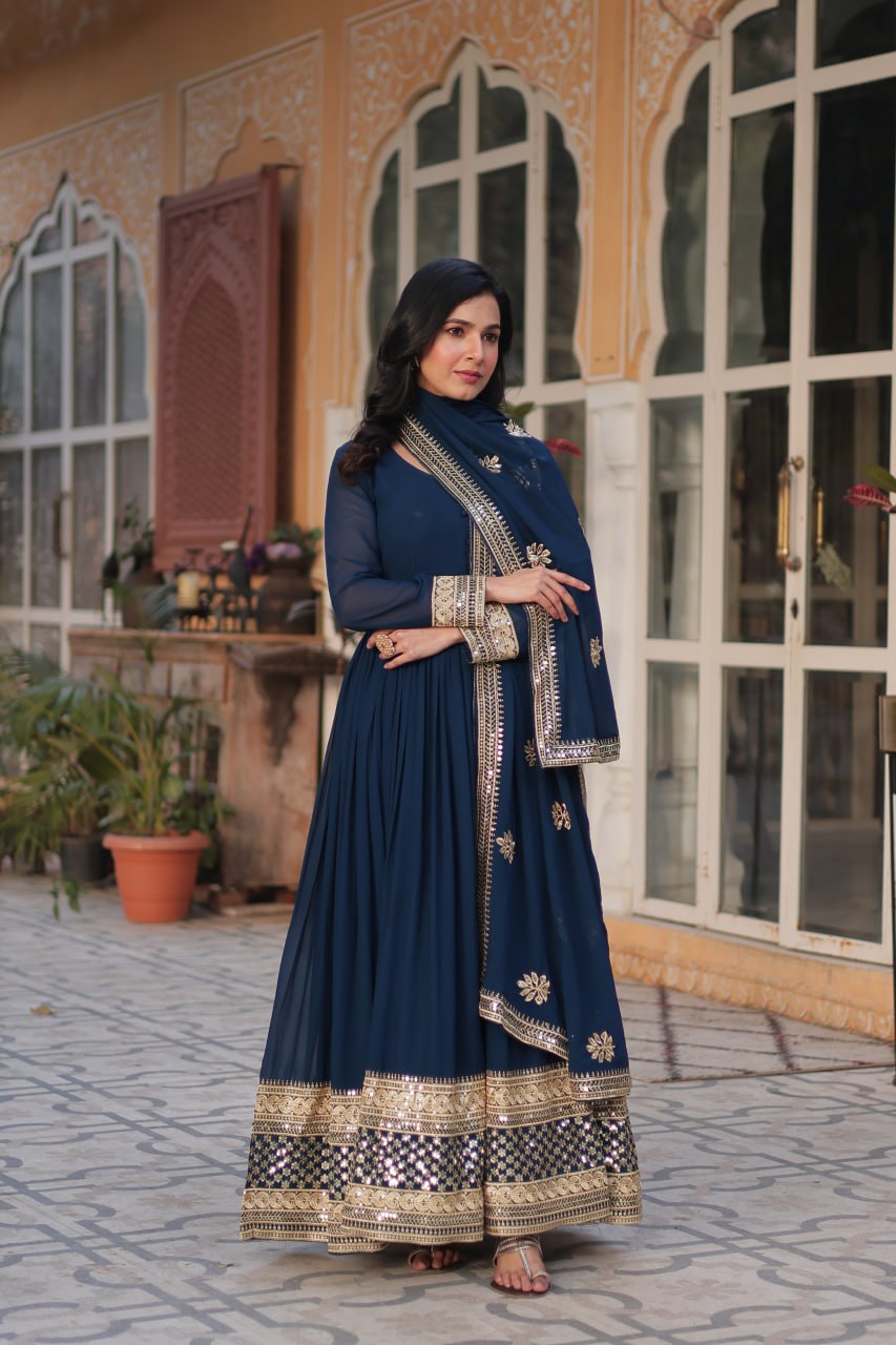 Teeya Creation Blue Color Faux Georgette Heavy Embroidery Work Fully Stitched Gown - Distacart