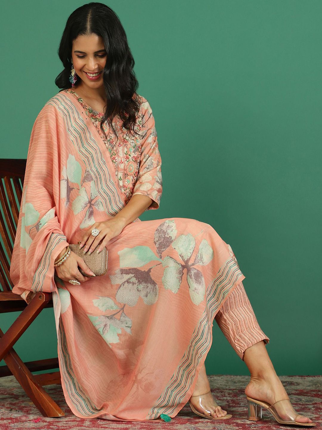 Sangria Printed Round- Neck Kurta & Trousers With Dupatta - Distacart