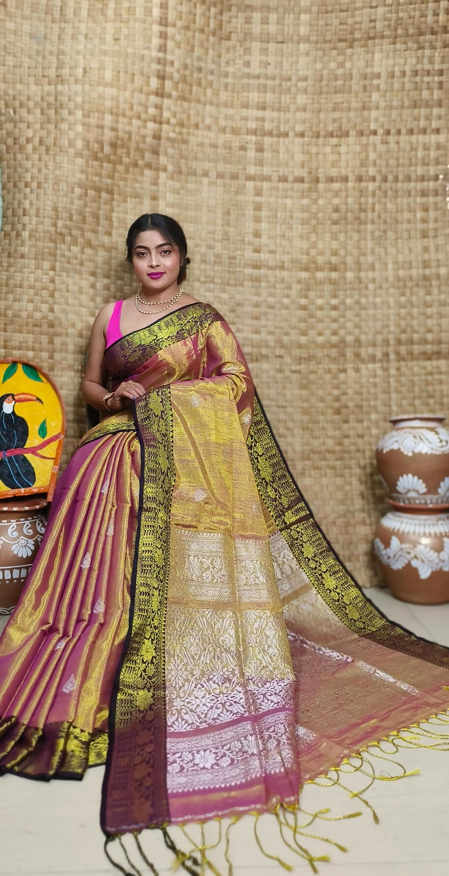 Exclusive Collection Golden Red Beautiful Tissue Benarasi Saree - Dista