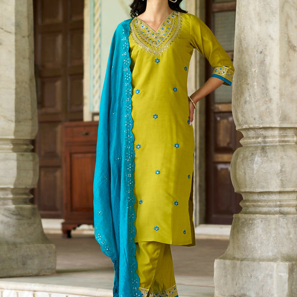 The52 Lemon Beautiful Embroidered Viscose Chanderi Fabric Straight Kurta Pant with Dupatta Set - Distacart