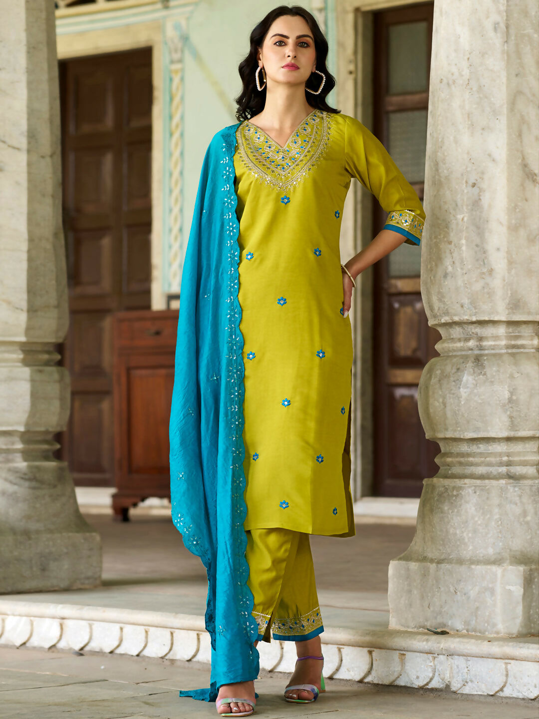 The52 Lemon Beautiful Embroidered Viscose Chanderi Fabric Straight Kurta Pant with Dupatta Set